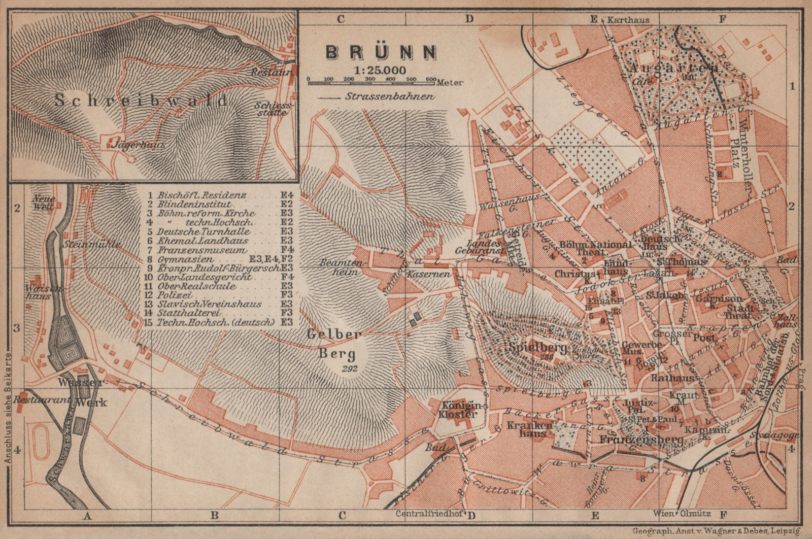 BRNO (BRUNN BRÜNN) antique town city plan mesta. Czech Republic mapa 1905
